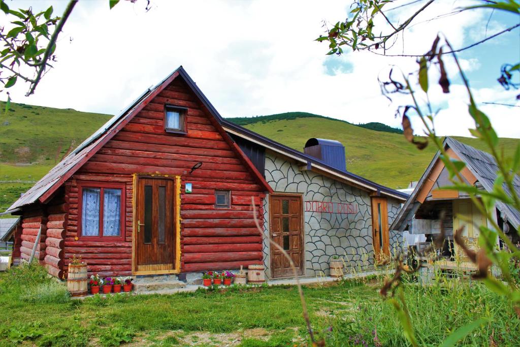 una cabaña de madera con una colina verde en el fondo en Koliba Nazif Softić, en Fojnica