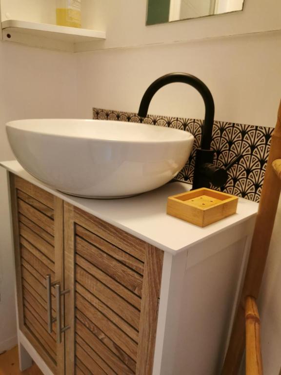 łazienka z białą umywalką na blacie w obiekcie Dépendance cosy entre jardin et jacuzzi privés et piscine partagée w mieście Aubagne