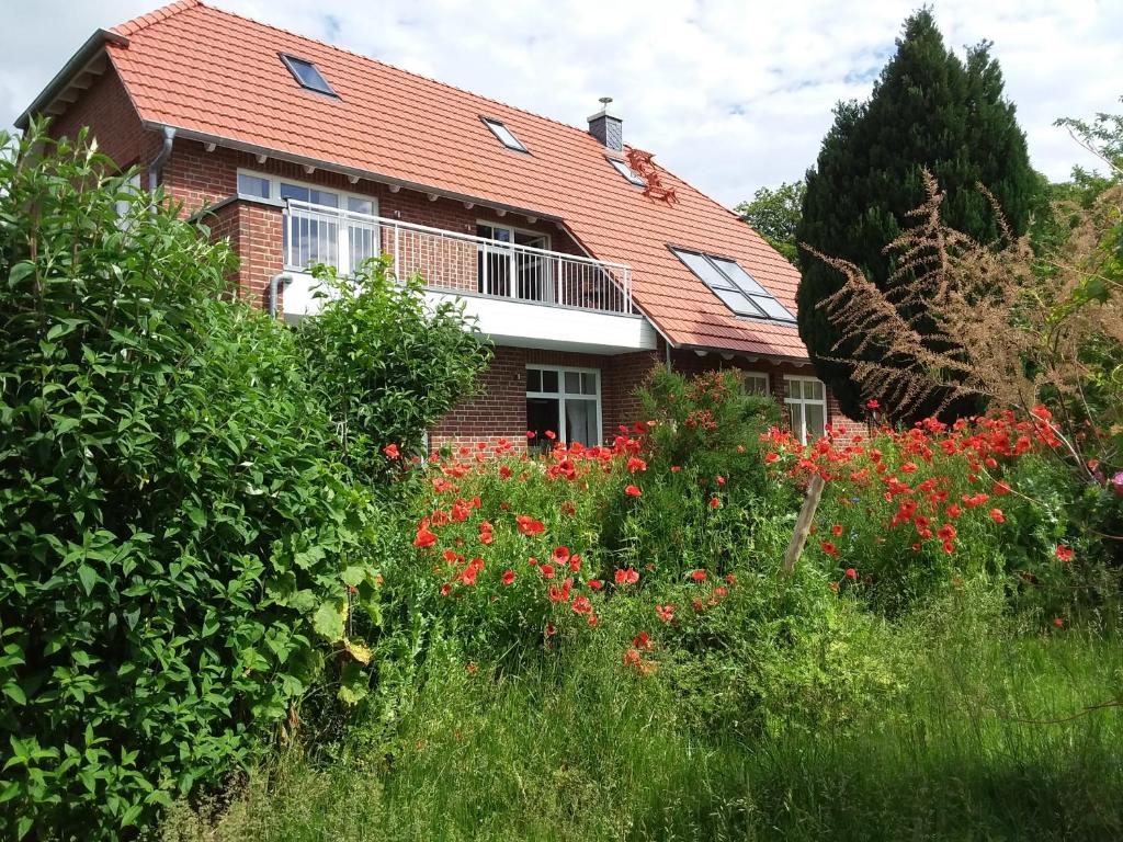 une maison avec un champ de fleurs devant elle dans l'établissement Haus Rosengarten- Ruhige Ferienwohnungen im Grünen, à Sehlen