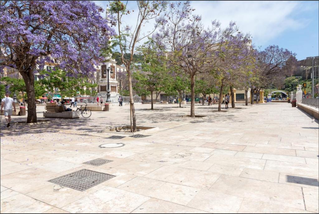 park z drzewami z fioletowymi kwiatami i chodnikiem w obiekcie Merced10 3E w Maladze