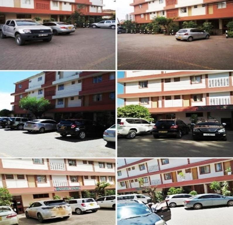 four pictures of cars parked in front of a building at Bomen Hotel in Isiolo