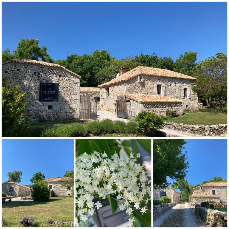 a collage of pictures of a stone house at Les fontanelles du quercy blanc in Montcuq