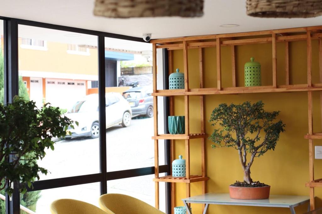 a room with a table and a tree on a shelf at Millennials in Manizales