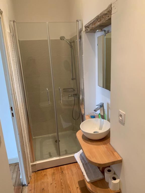 a bathroom with a glass shower and a sink at VIEUX LILLE Porte de Gand Bienvenue chez NESTYOU, Lille in Lille