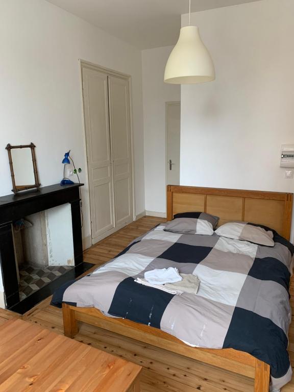 a bedroom with a large bed and a fireplace at VIEUX LILLE Porte de Gand Bienvenue chez NESTYOU, Lille in Lille