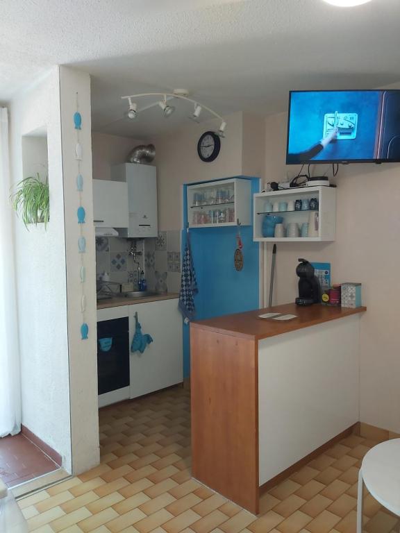 uma cozinha com um balcão e uma cozinha azul e branca em Studio 4 pers, au calme, parking privé, wifi, linges fournis, 2 étoiles de France em La Grande-Motte