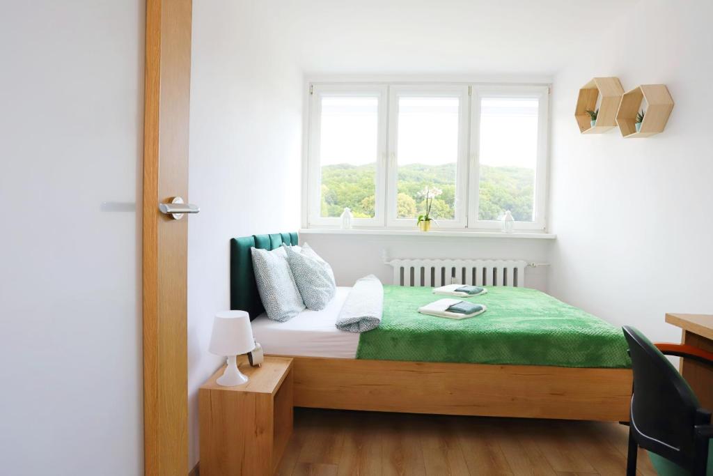 un dormitorio con una cama y una ventana en Apartament Parkowy, en Wałbrzych