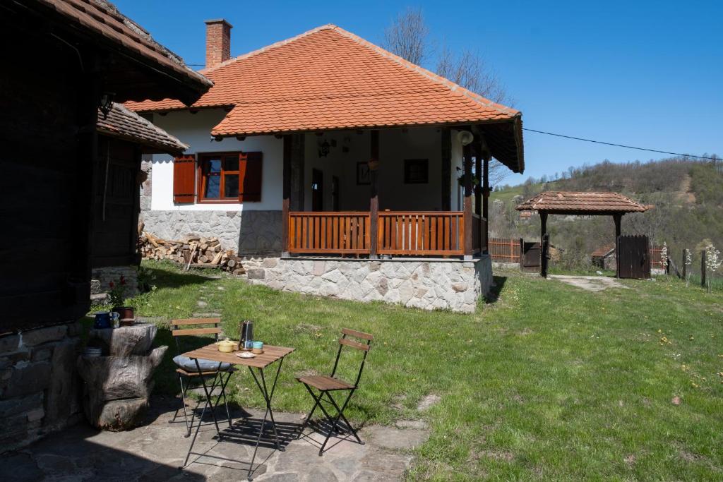 a house with a table and chairs in the yard at Kuca pod Rudnikom in Trudelj