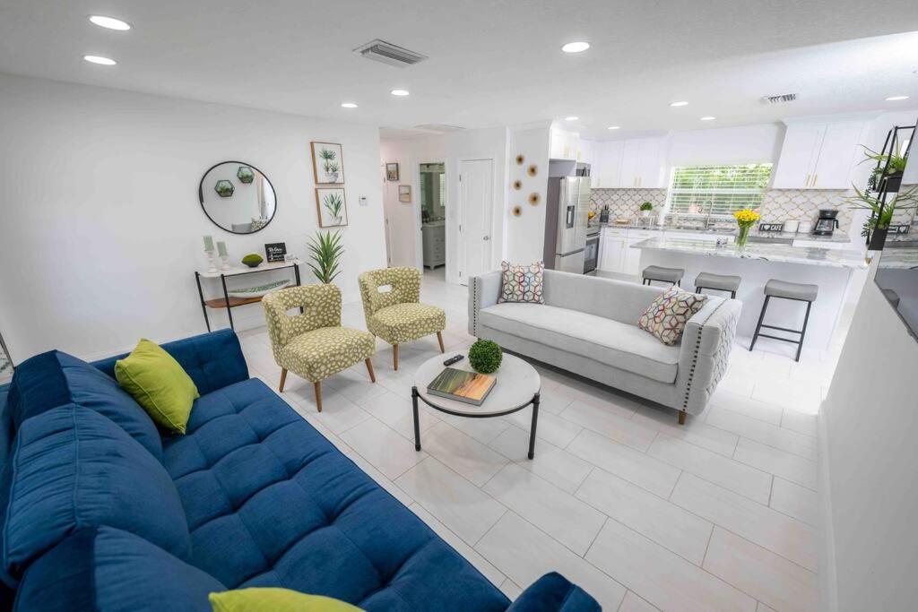 a living room with a blue couch and a kitchen at Beautiful House, Walking Distance to Stadium in Tampa