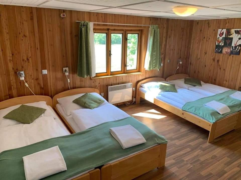 2 camas en una habitación con paredes de madera en Vinný sklep Bobule en Morkŭvky