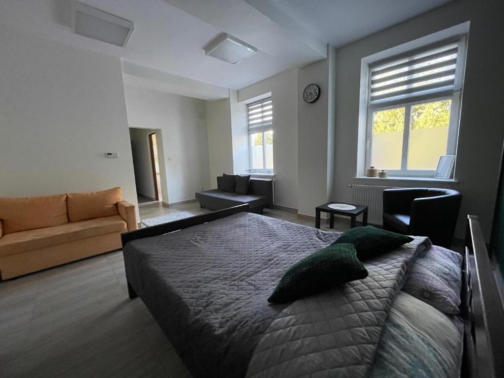 a bedroom with a bed and a couch and windows at Apartamenty Trzciana in Rzeszów