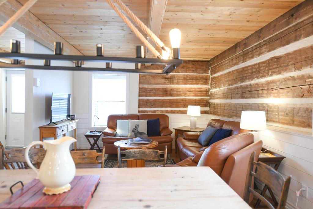 a living room with wooden walls and leather furniture at La Maison Bleue in Saint-Férréol-les-Neiges