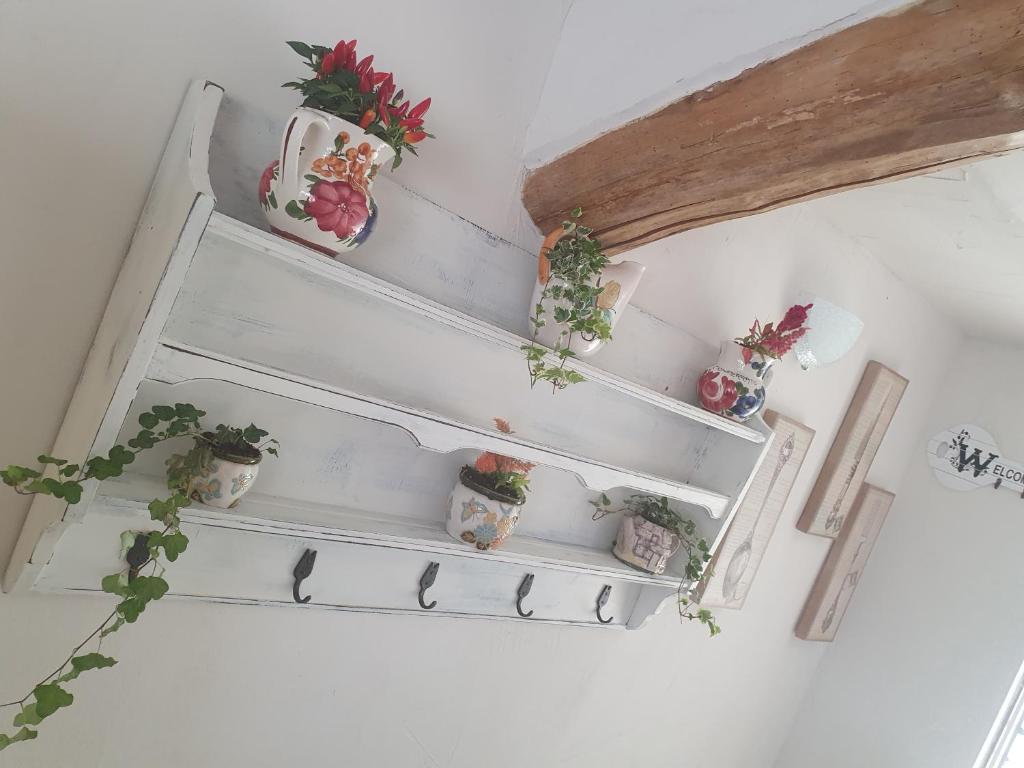 une étagère blanche avec des plantes en pot sur elle dans l'établissement La casetta di noah, à Carentino