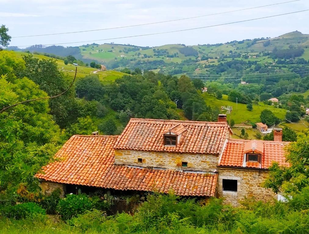 an old house with red tile roofs on a hill at Precioso apartamento en plena naturaleza in La Cavada