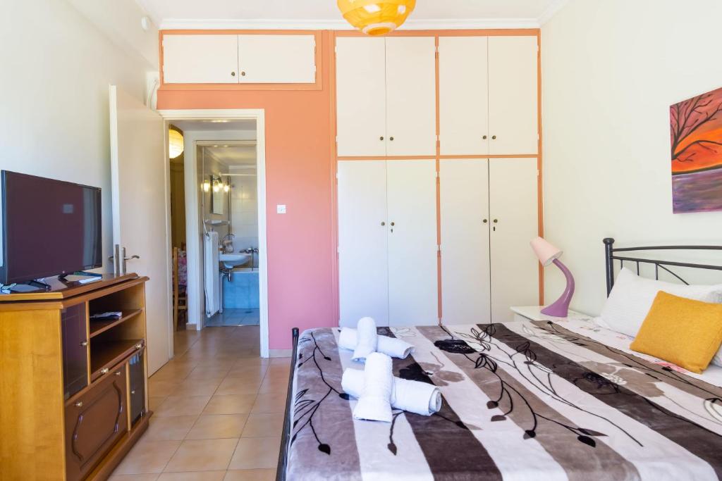 Televízia a/alebo spoločenská miestnosť v ubytovaní Mema's Tranquil Apartment in Patra