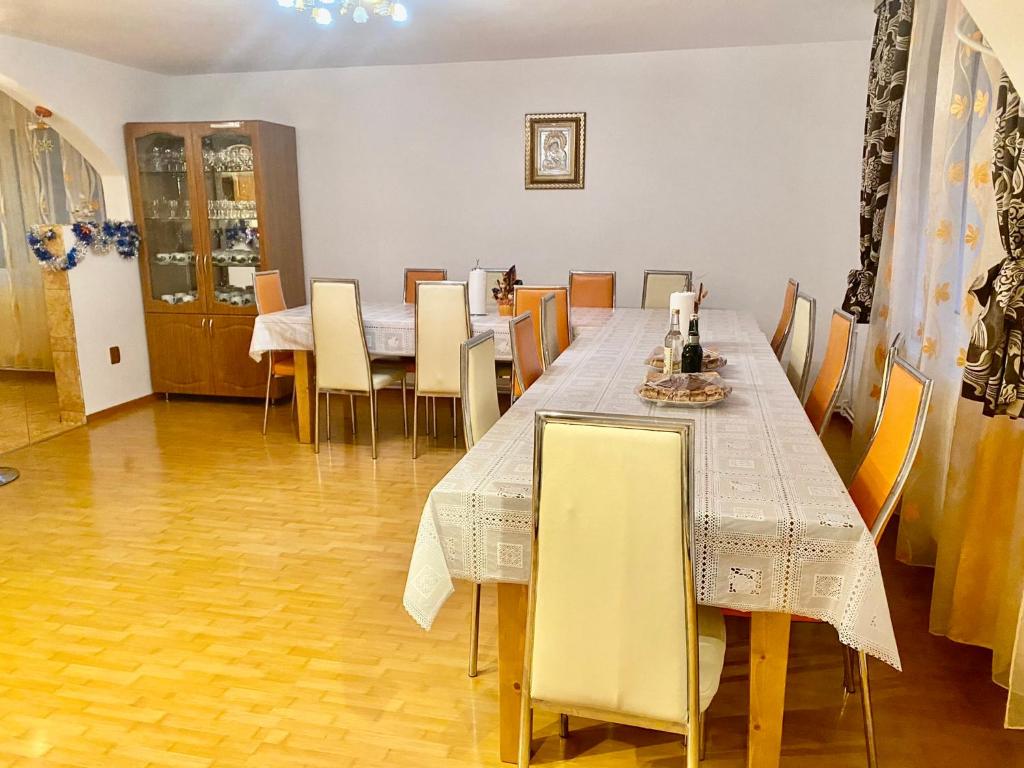 a dining room with a long table and chairs at Pensiunea Mary & Ela in Vadu Moţilor