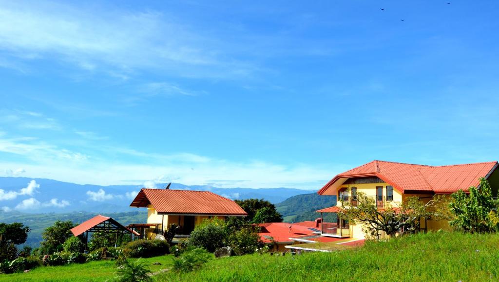 uma casa com um telhado vermelho numa colina verde em Guayabo Lodge em Santa Cruz