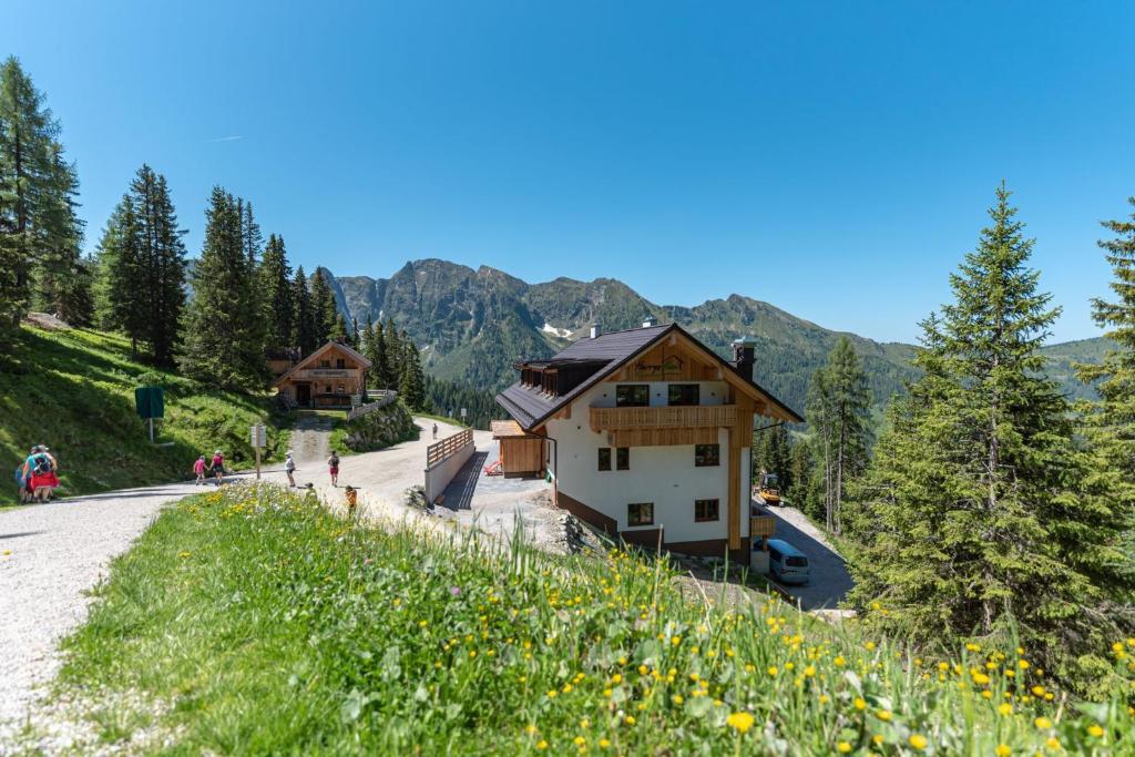 una casa al lado de una carretera en Harrys Alm - Appartements en Haus im Ennstal