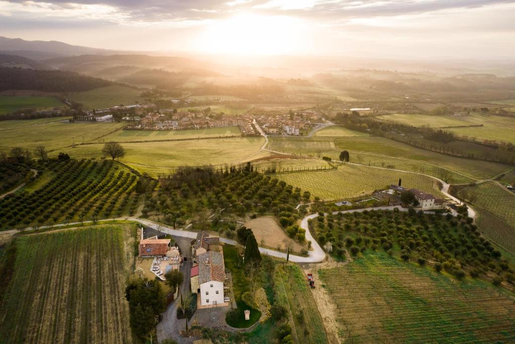 uma vista aérea de uma aldeia numa vinha em Agriturismo Pensieri di Cavatina em Castelnuovo Berardenga