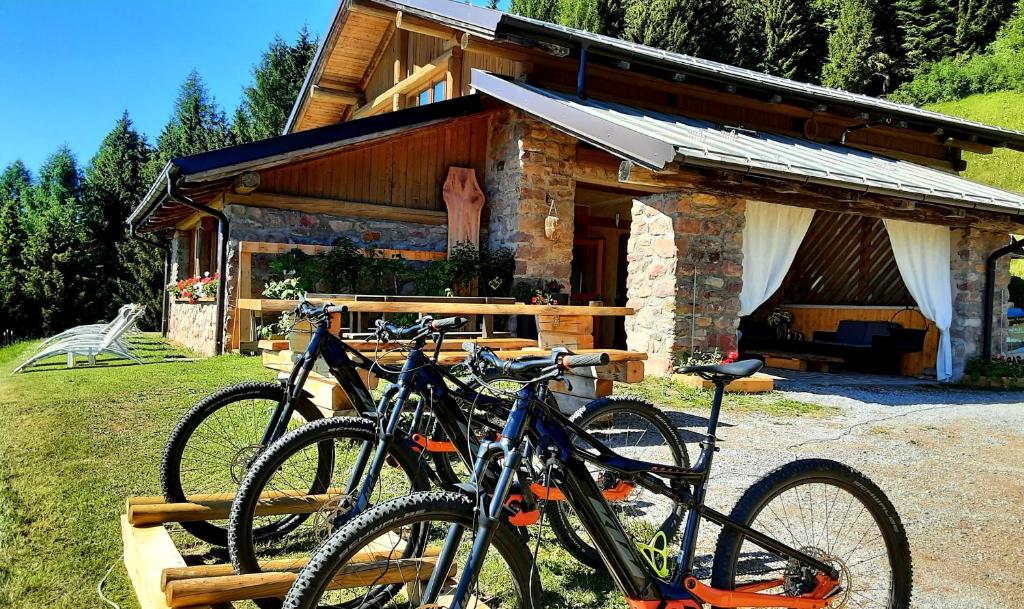 un gruppo di biciclette parcheggiate di fronte a una cabina di Chalet Chapeau b&b a Castel Condino