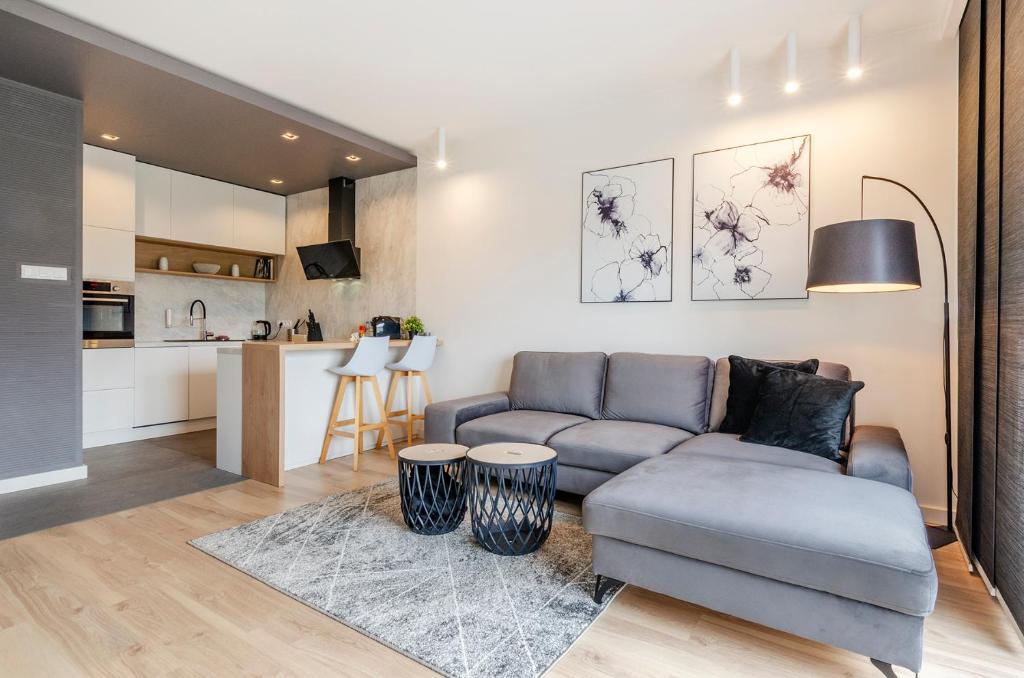 a living room with a couch and a kitchen at SKY Home- Ilumino Apartment -Centrum, Parking, Klimatyzacja, Dostęp na Kod in Łódź