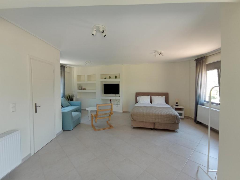 a bedroom with a bed and a couch and a tv at Andi's Studio Porto Rafti in Porto Rafti