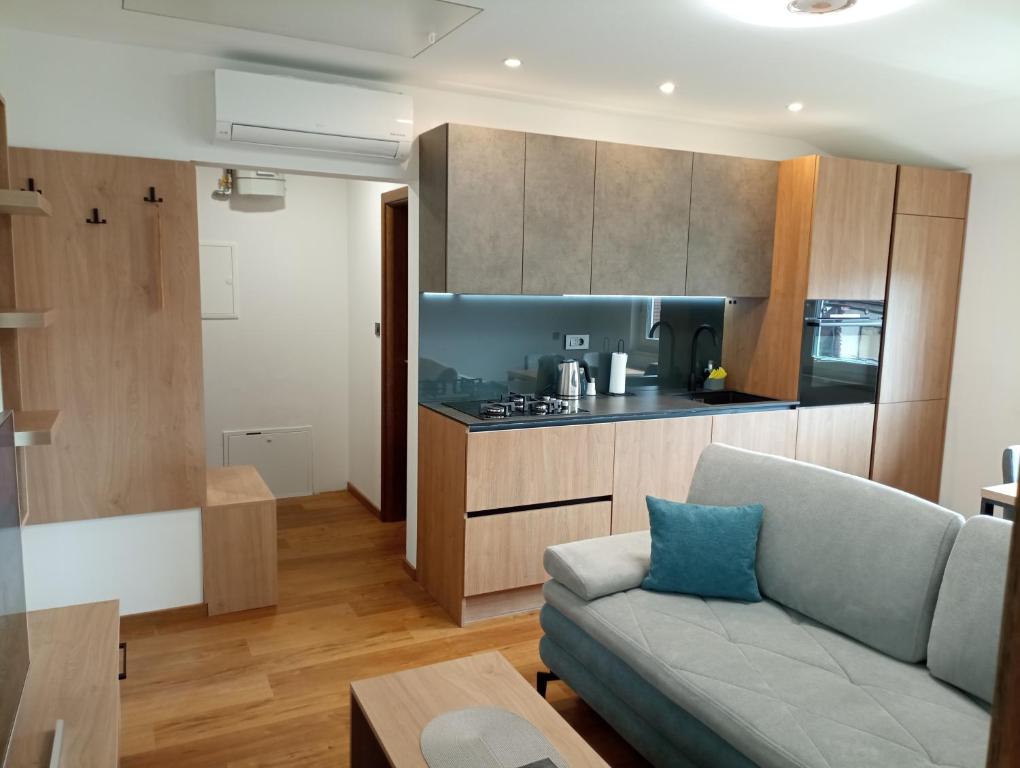 salon z kanapą i kuchnią w obiekcie Nibela Apartments II w Zagrzebiu
