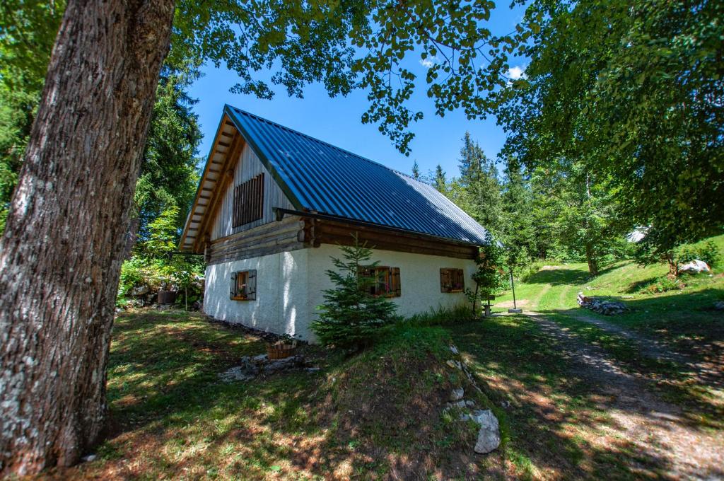 a small white house with a metal roof at Boutique House Vresje in Bohinjska Bistrica