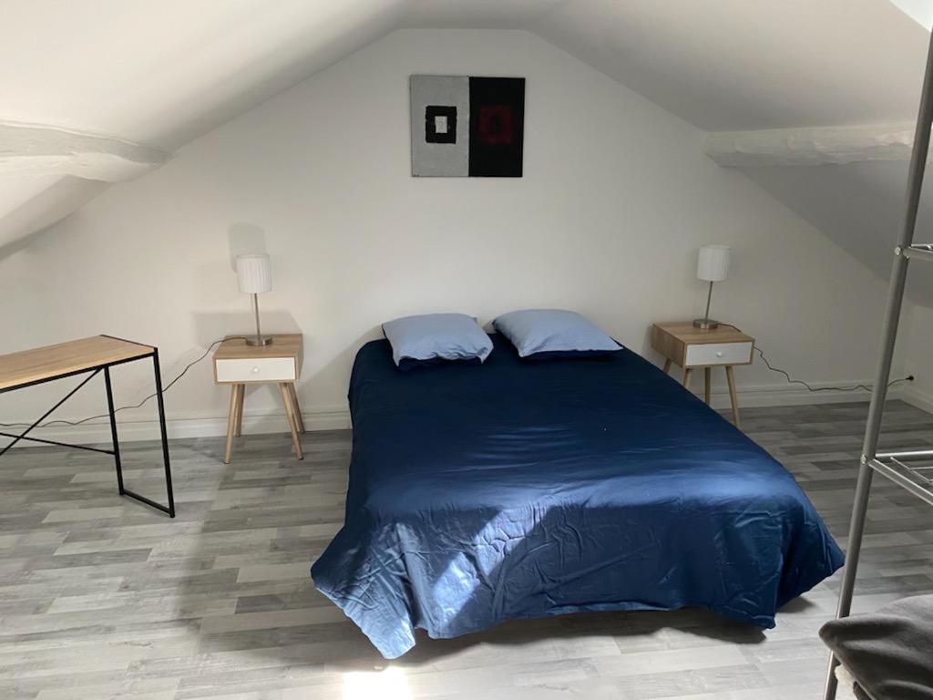 a bedroom with a bed with blue sheets and two tables at La maison ZEN LOC 1 in Bray-sur-Seine