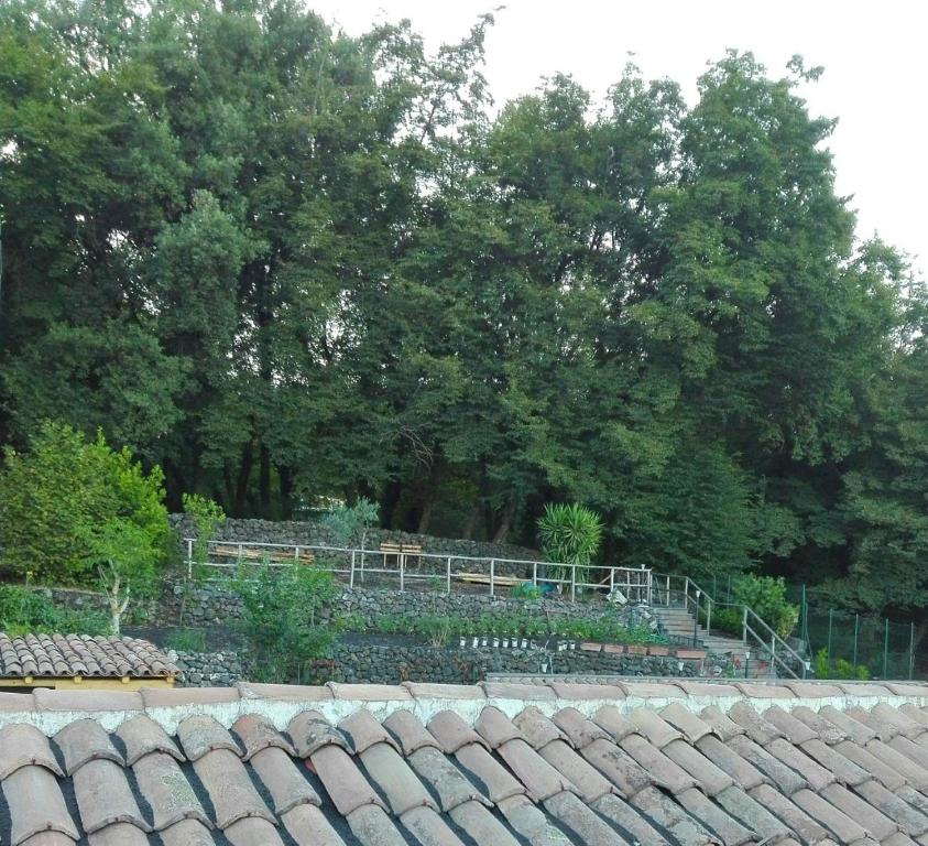 een tuin met een hek en bomen op de achtergrond bij Aetna Silva in Zafferana Etnea