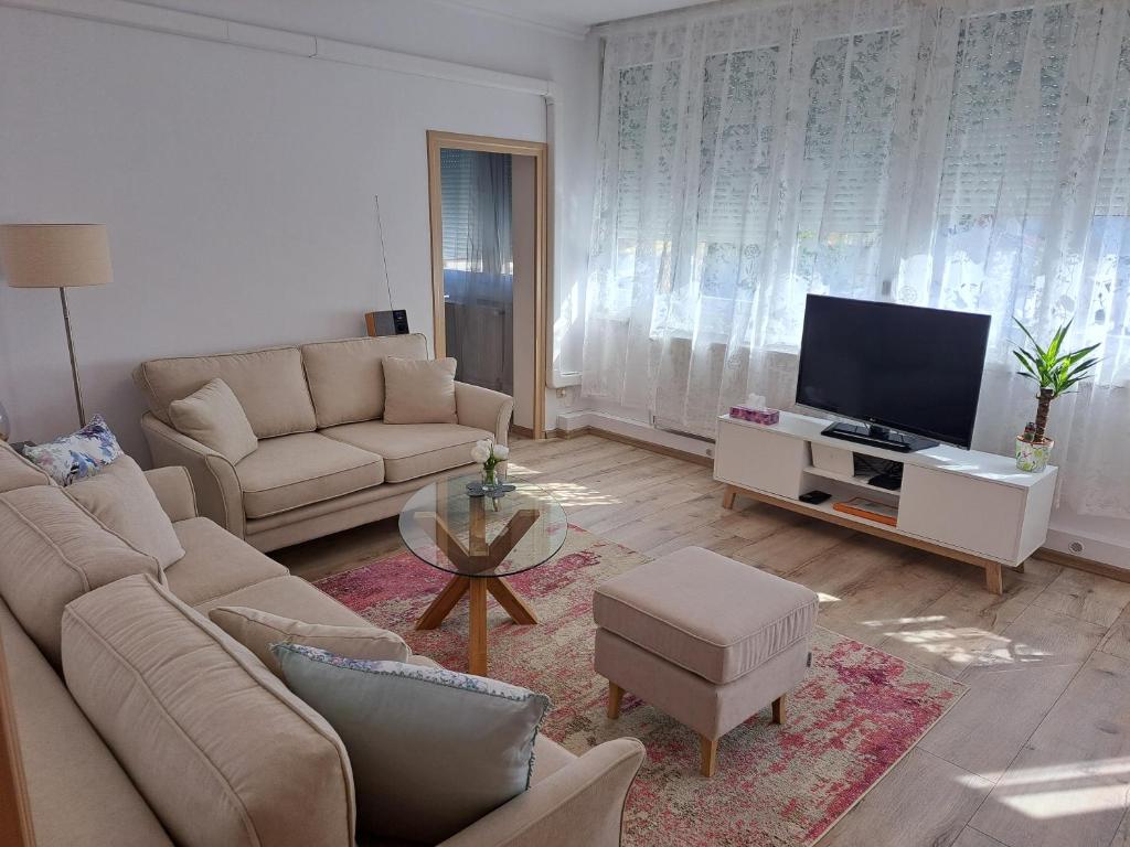 een woonkamer met een bank en een flatscreen-tv bij Lily Apartman Siófok in Siófok