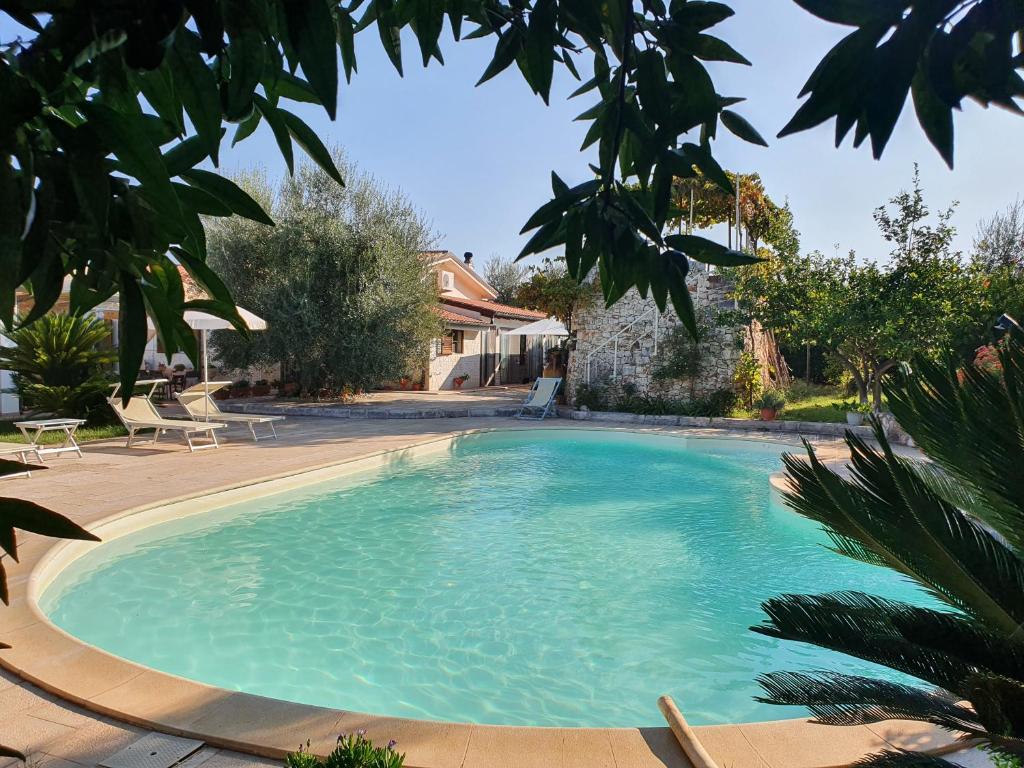 a large pool with blue water in a yard at B&B Rosa podere 28 in Palagianello