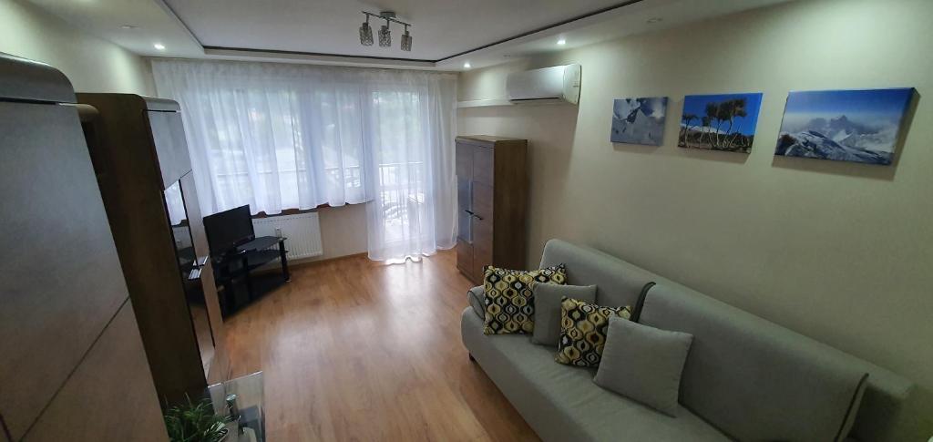 a living room with a couch and a window at Komfortowy, klimatyzowany apartament Góry Marzeń in Sanok
