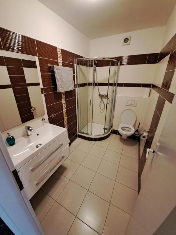 a bathroom with a shower and a sink and a toilet at U Bernardýna in Harrachov
