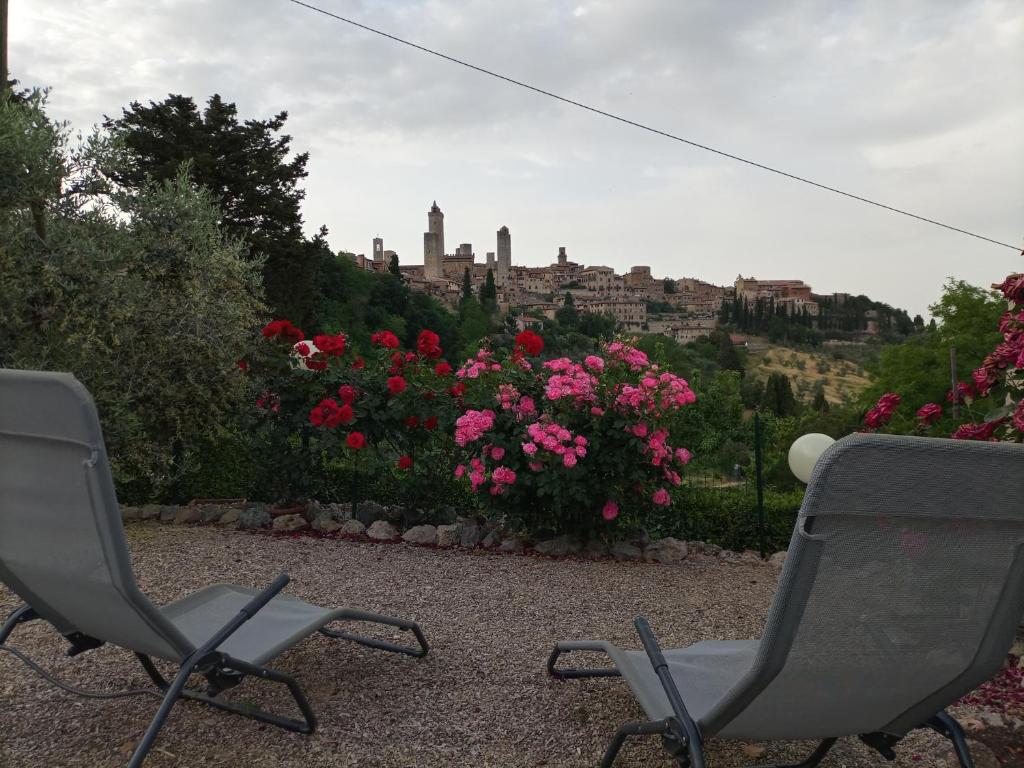due sedie sedute di fronte a un giardino fiorito di Agriturismo Il Colto a San Gimignano