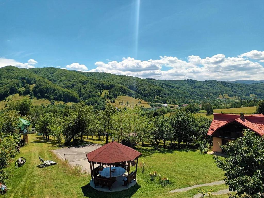 - une vue aérienne sur un champ avec un kiosque dans l'établissement Cabană cu teren de tenis, à Băniţa
