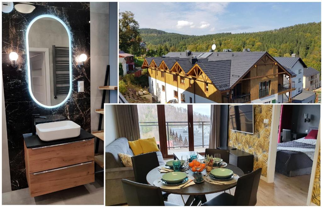 een collage van foto's van een huis met een tafel en een kamer bij Karpatia Resort Apartament Karbonado in Karpacz
