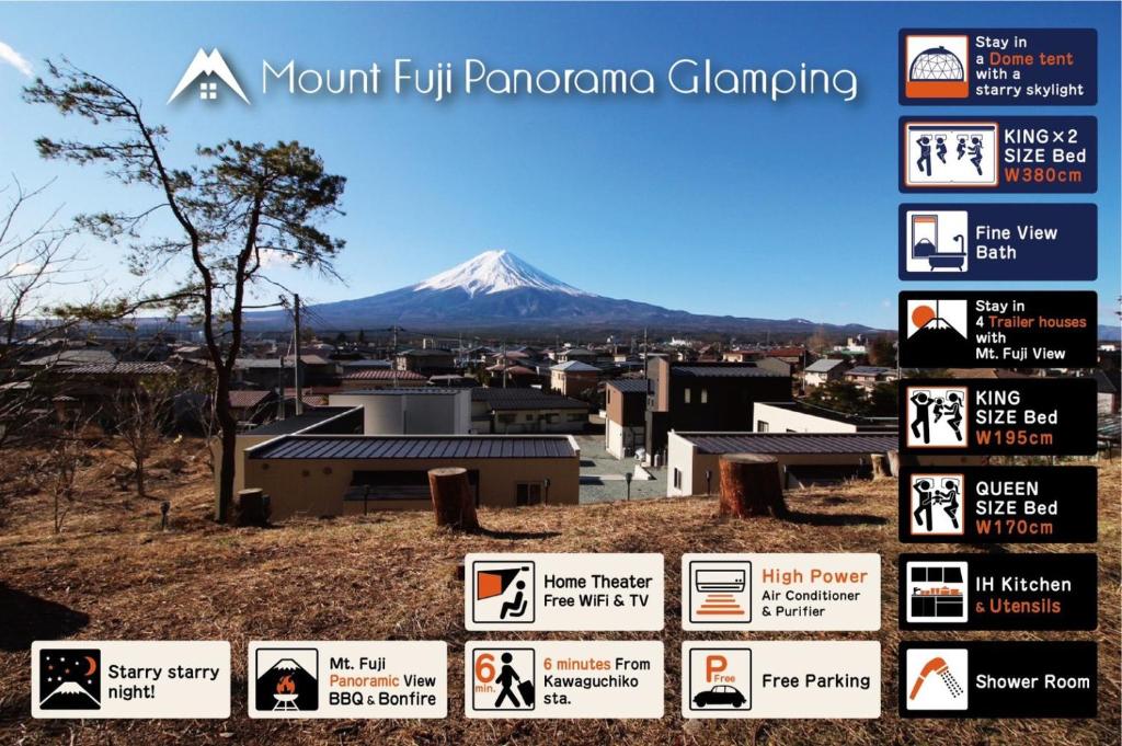 a view of a mountain with a bunch of signs at Mount Fuji Panorama Glamping in Fujikawaguchiko