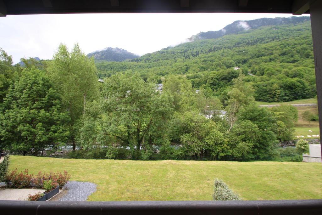 une vue d'un champ vert avec des arbres et des montagnes dans l'établissement CG APPART**4 PERS VUE GAVE BALCON 5 MN LUZ, à Luz-Saint-Sauveur