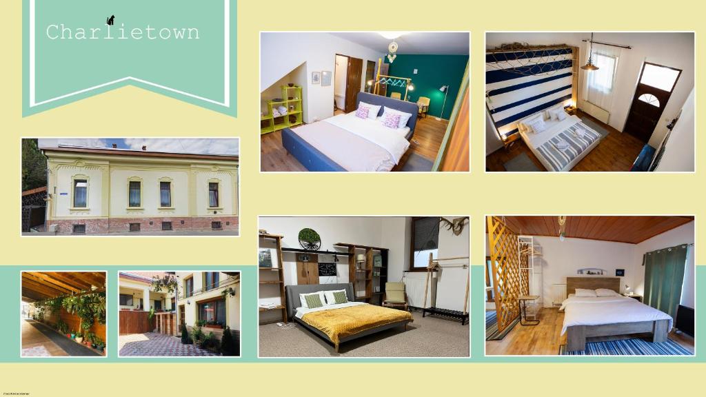 a collage of different pictures of a room at Charlietown in Satu Mare