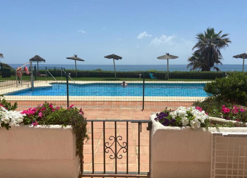 ein Pool mit einigen Blumen und Sonnenschirmen in der Unterkunft Rocas del Mar in Mijas