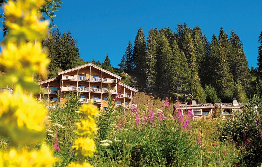 una casa sul fianco di una collina con dei fiori di Dormio Resort Les Portes du Grand Massif a Flaine