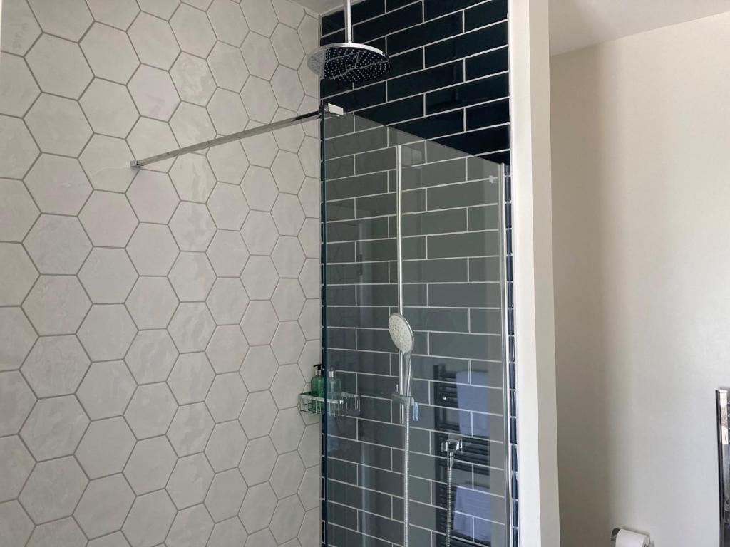 a bathroom with a shower with blue and white tiles at Downs Hotel in Stanmer