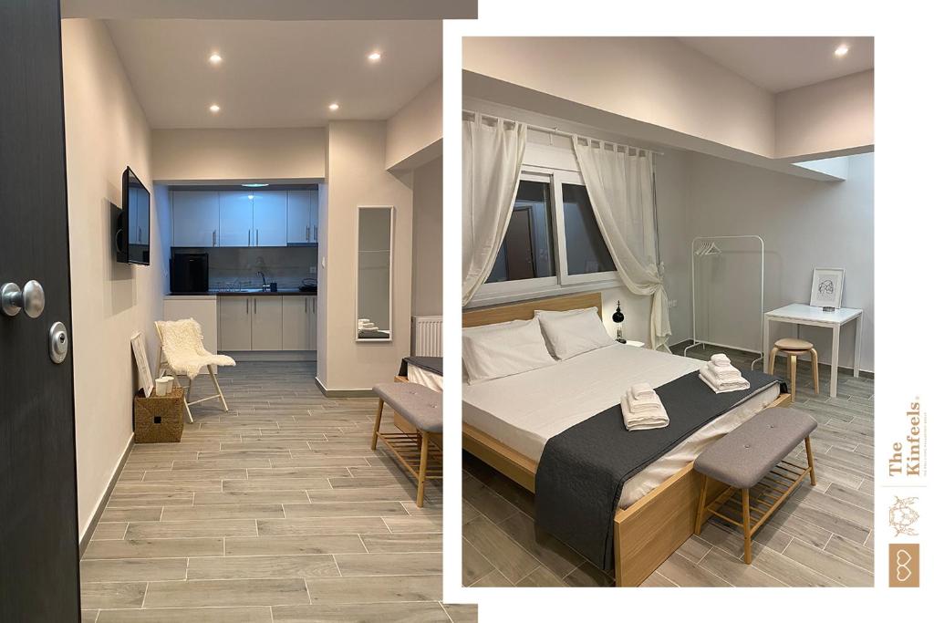 two pictures of a bedroom with a bed and a kitchen at Design downtown suite (K2) in Larisa