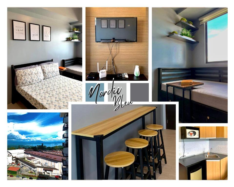 a collage of pictures of a room with a bed and stools at Nordic Bleu Staycation at Ayala Serin in Tagaytay