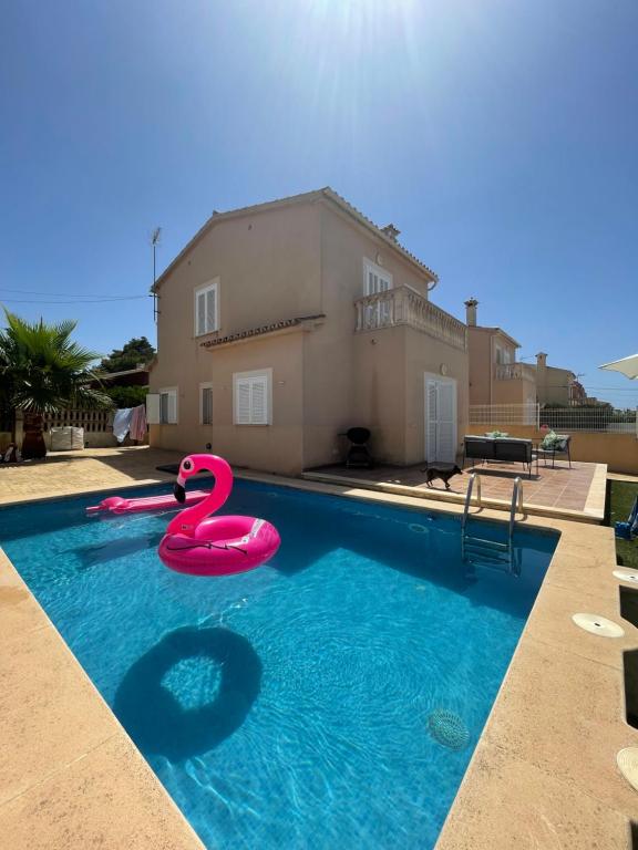 a swimming pool with two inflatable flamingos in a house at Beautiful independent house in Llucmajor