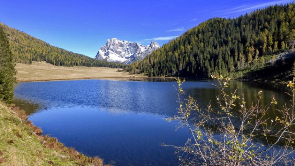 - une vue sur un lac avec une montagne en arrière-plan dans l'établissement Appartamento Vanoi nel cuore verde del Trentino, à Canal San Bovo