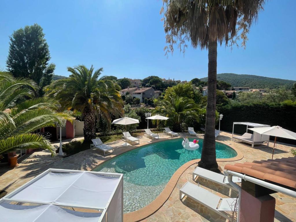 uma piscina com cadeiras e uma palmeira em Fantastic pool villa 900m to the beach; with extravagant big garden em Sainte-Maxime