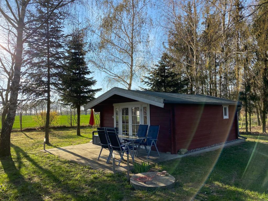 uma pequena cabana com cadeiras e uma mesa num quintal em Ferienhaus am Damwildgatter em Neu Kosenow