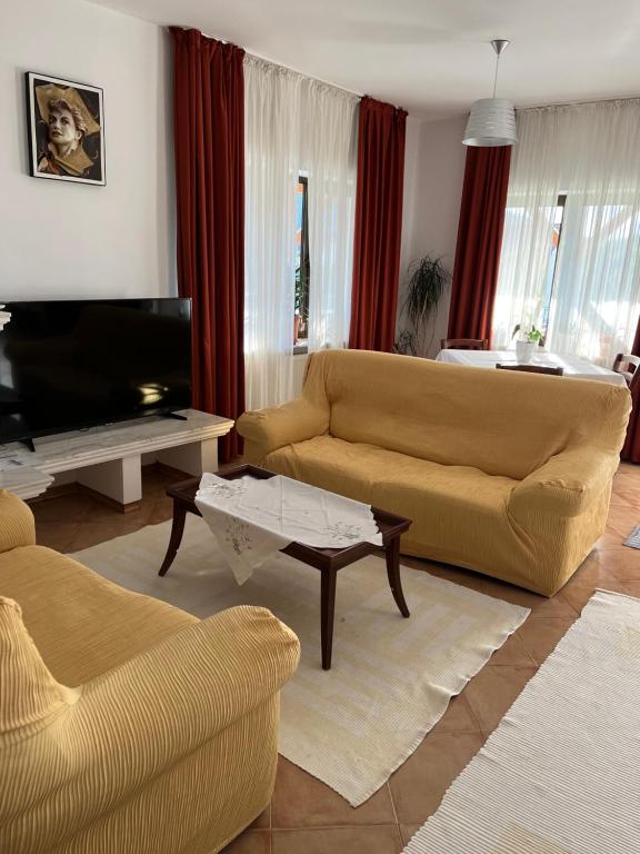 ein Wohnzimmer mit einem Sofa und einem TV in der Unterkunft Pensiunea Funivia in Săcele